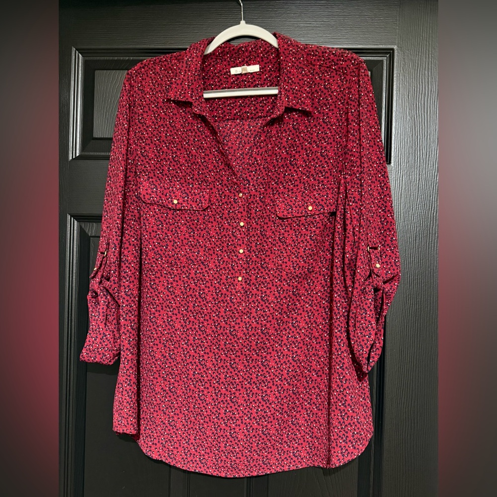 Skies Are Blue Burgundy 3/4 Sleeve Button Down Blouse